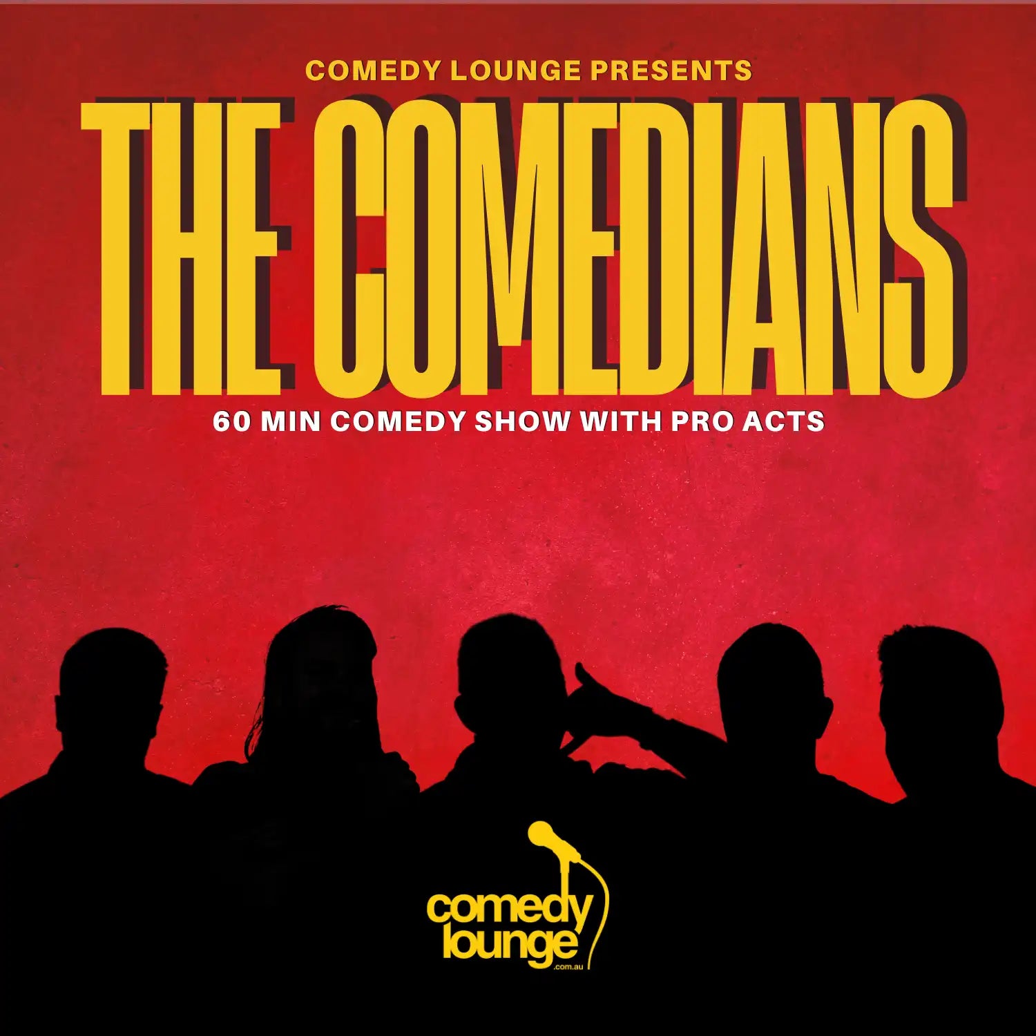 Mobile poster for 'The Comedians' Saturday show at Comedy Lounge Perth, featuring a lineup of top local and international stand-up comedians.