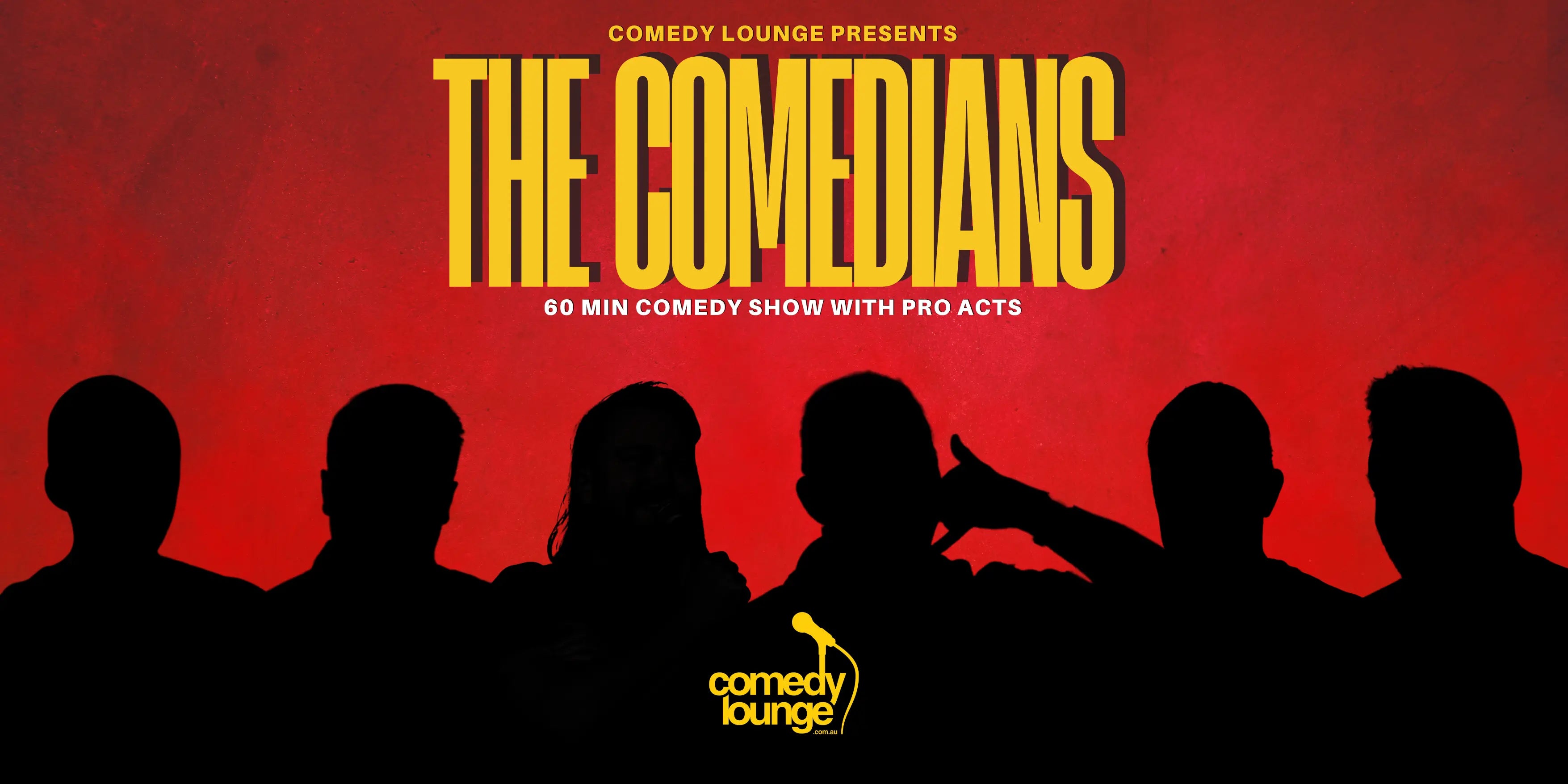 poster for 'The Comedians' Saturday show at Comedy Lounge Perth, featuring a lineup of top local and international stand-up comedians.