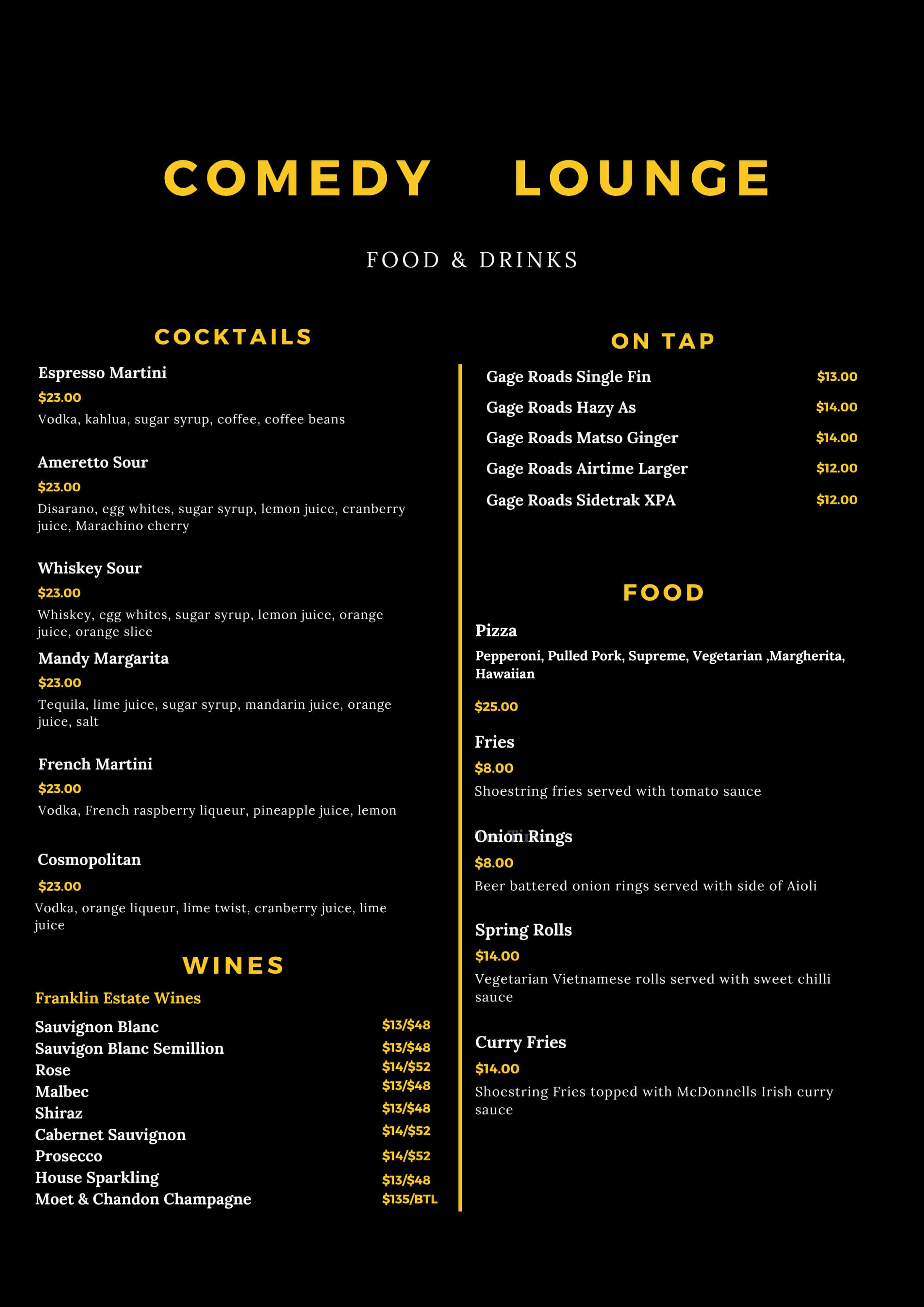 Comedy Lounge's food and drinks menu available in Perth to order from during the show. Supporting locally businesses.