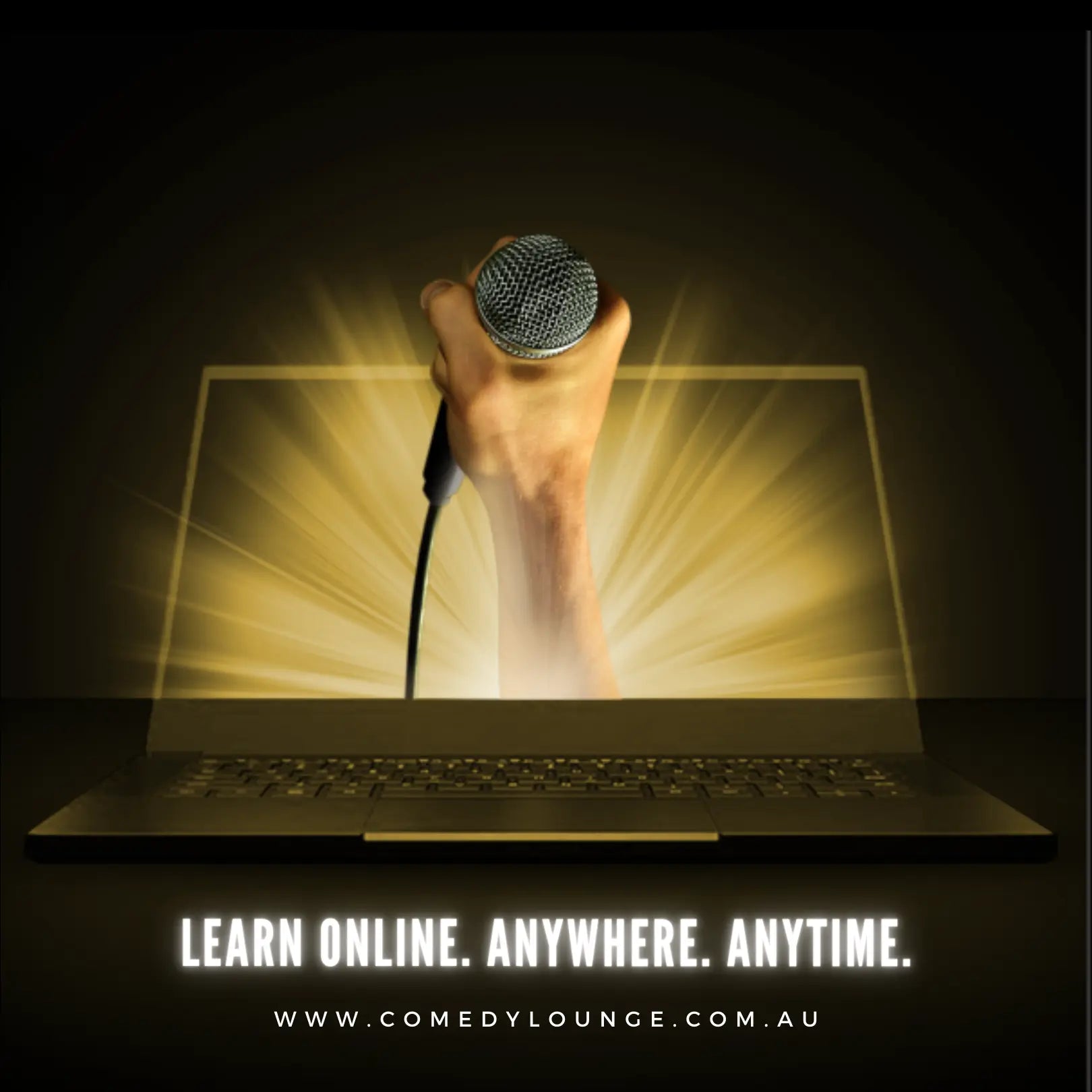 Laptop screen displaying a comedian's hand holding a microphone, emerging from the screen. Text overlay reads 'Learn Online. Anywhere. Anytime' with the website 'www.comedylounge.com.au' below.