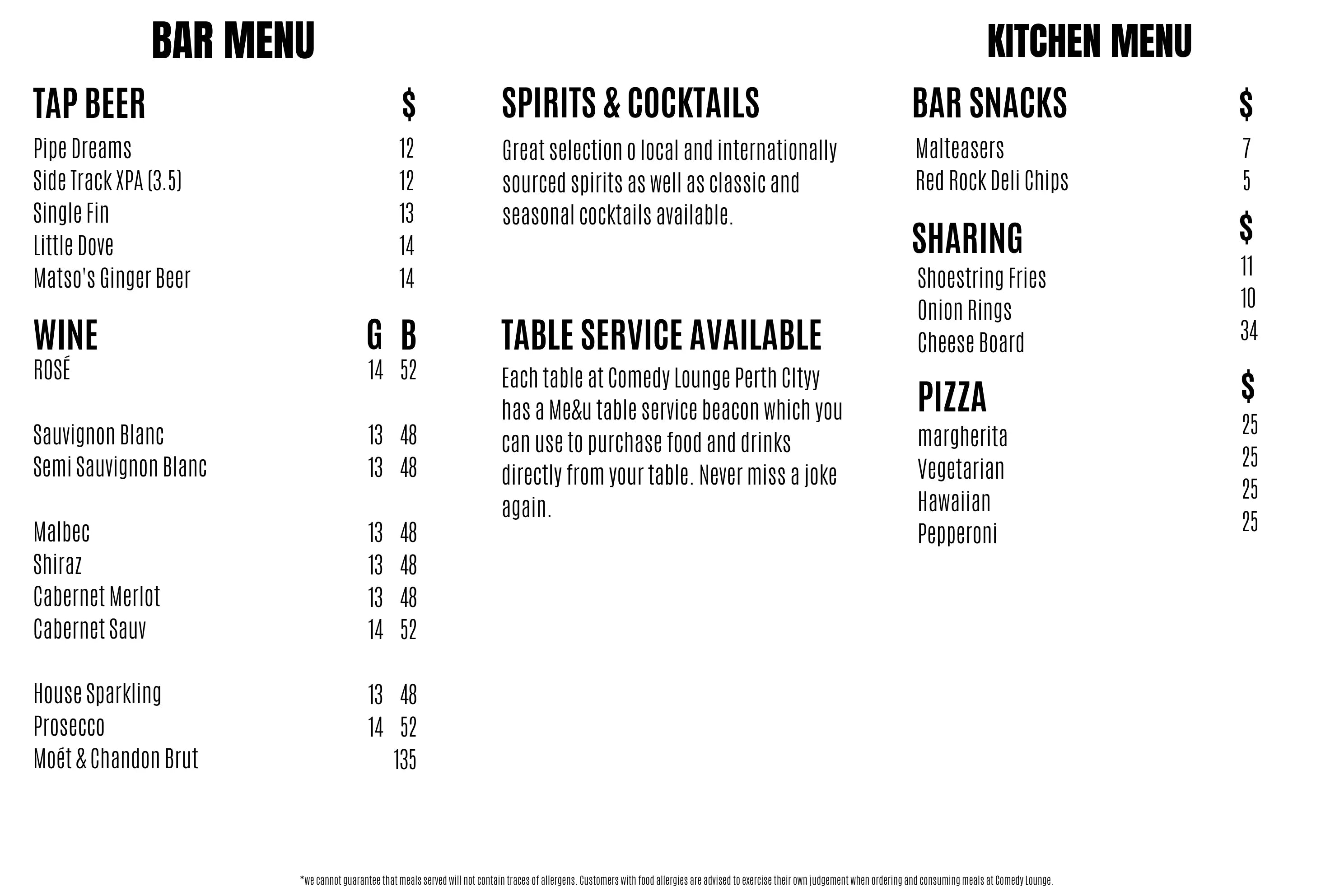 comedy lounge perth city food and drink menu
